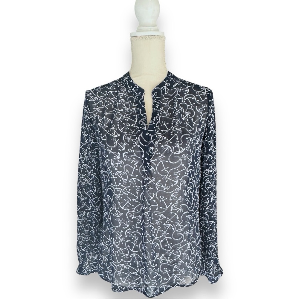 Banana Republic Factory Navy Anchor Sheer Blouse Size Petite Medium